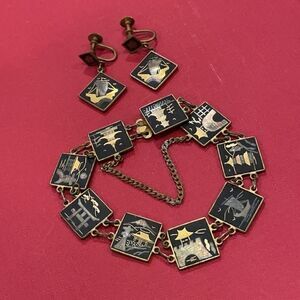 Vintage signed Japanese Caribe Bracelet & Earrings black and gold-tone